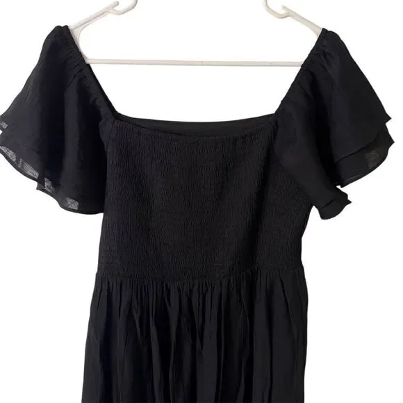 Black Flutter-Sleeve Midi Dress Women's M Chic Elegant Square Neck Casual - Picture 3 of 5